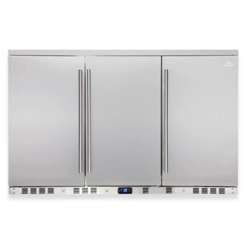 KingsBottle triple-door outdoor beverage cooler with stainless steel body, Embraco compressor, Carel digital control, and 324 can or 190 bottle capacity.