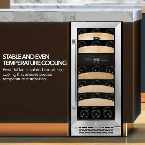 Whynter BWR-281DZ 28-bottle dual zone wine cooler with stainless steel trim and wood shelves