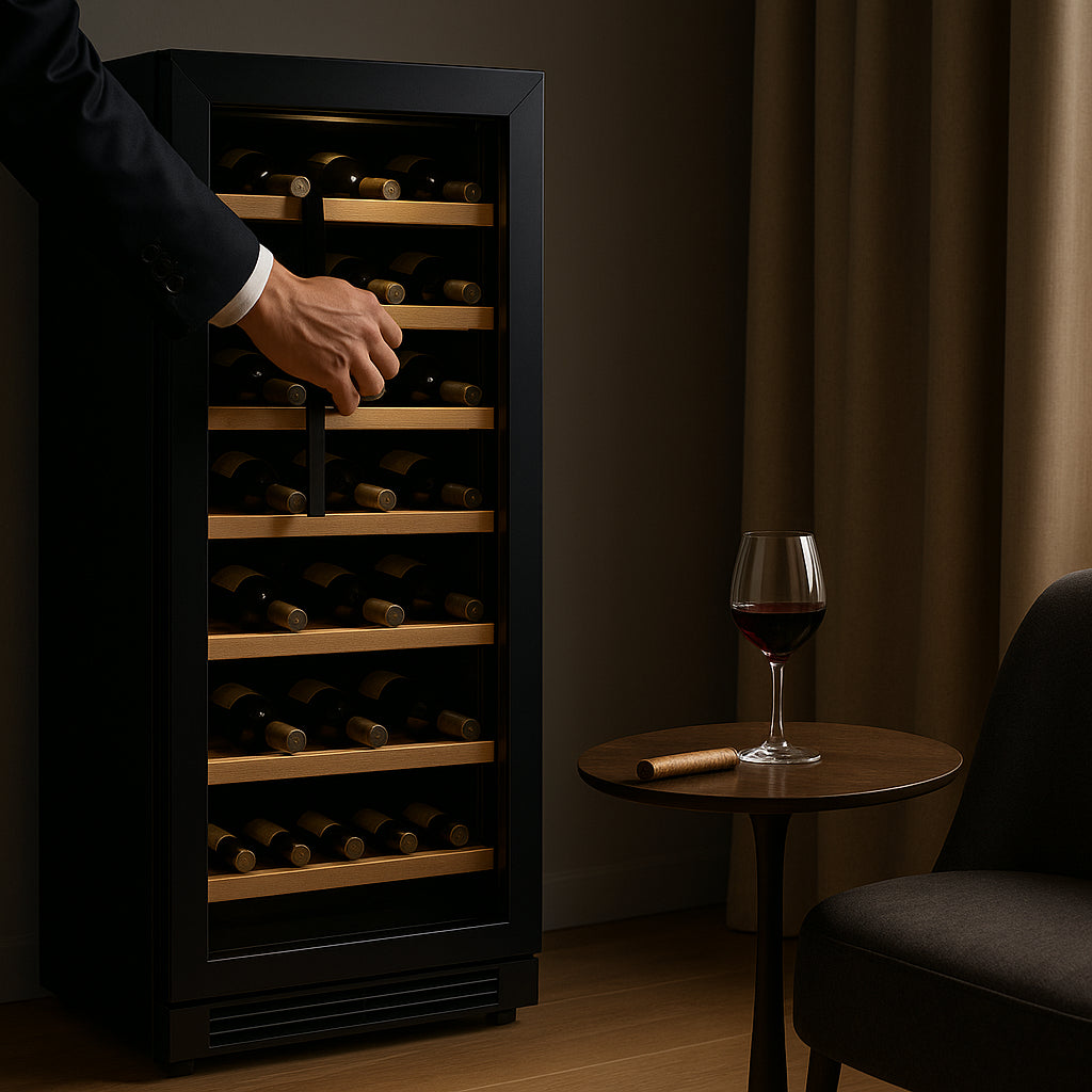 Hand reaching for a bottle from a luxury wine cooler beside a cigar and glass of red wine in a modern suite.