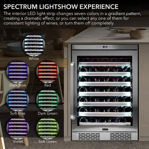 Whynter BWR-545XS 54 Bottle Built-In Wine Cooler with Spectrum Lightshow and Wood Shelves
