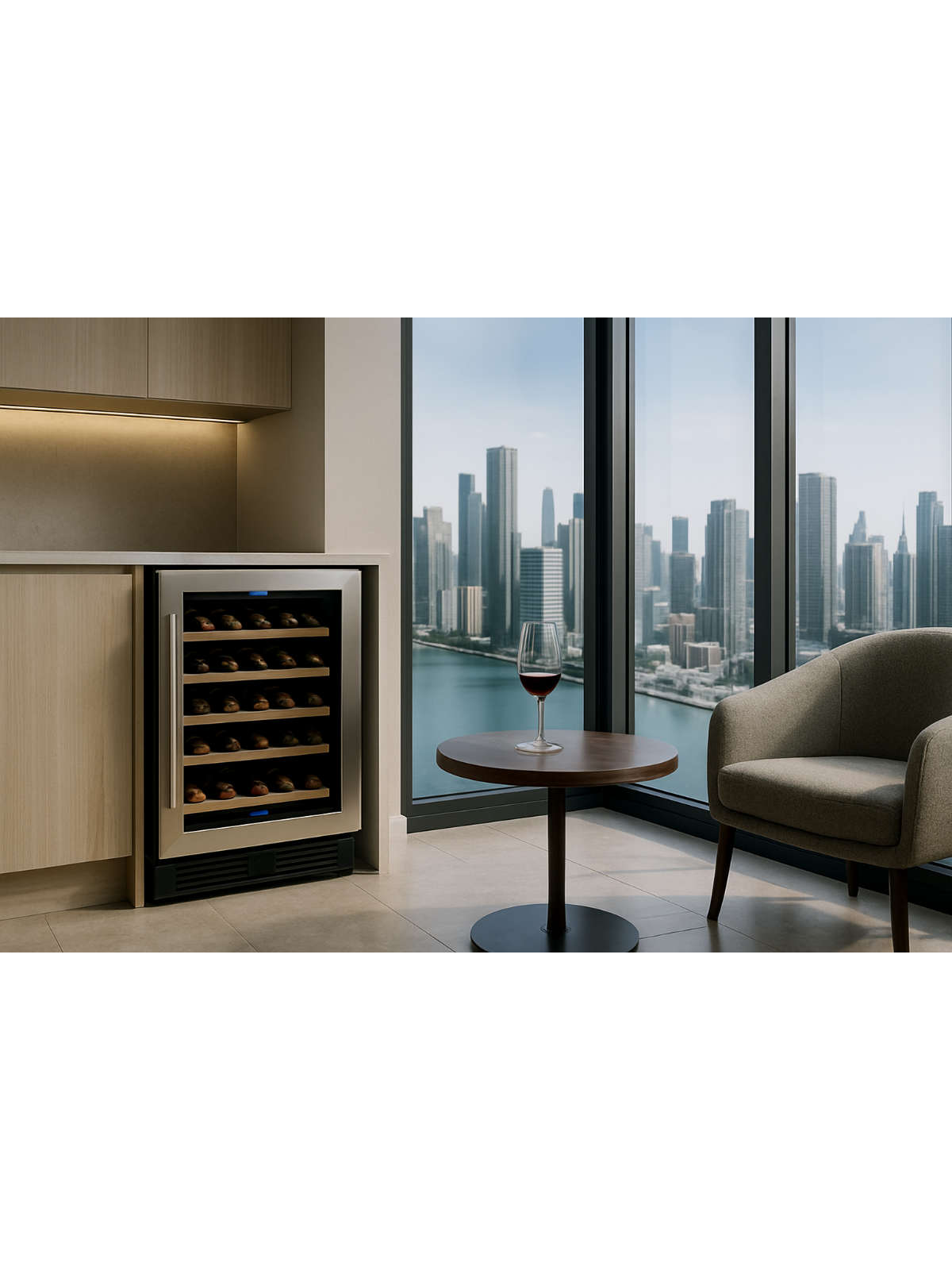 Modern wine storage unit beside a glass of red wine in luxury apartment